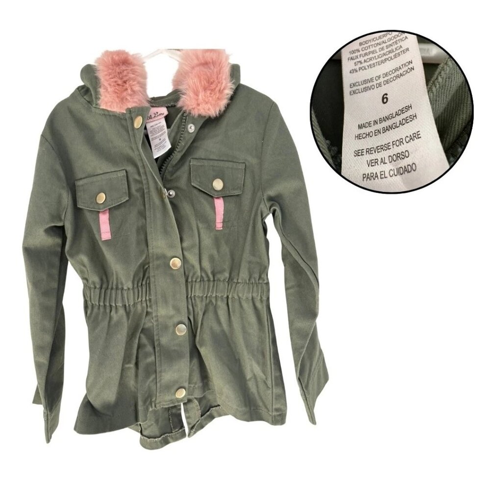 Little Lass Girls Faux Fur Utility Jacket Olive Green Pink Size 6 NWT